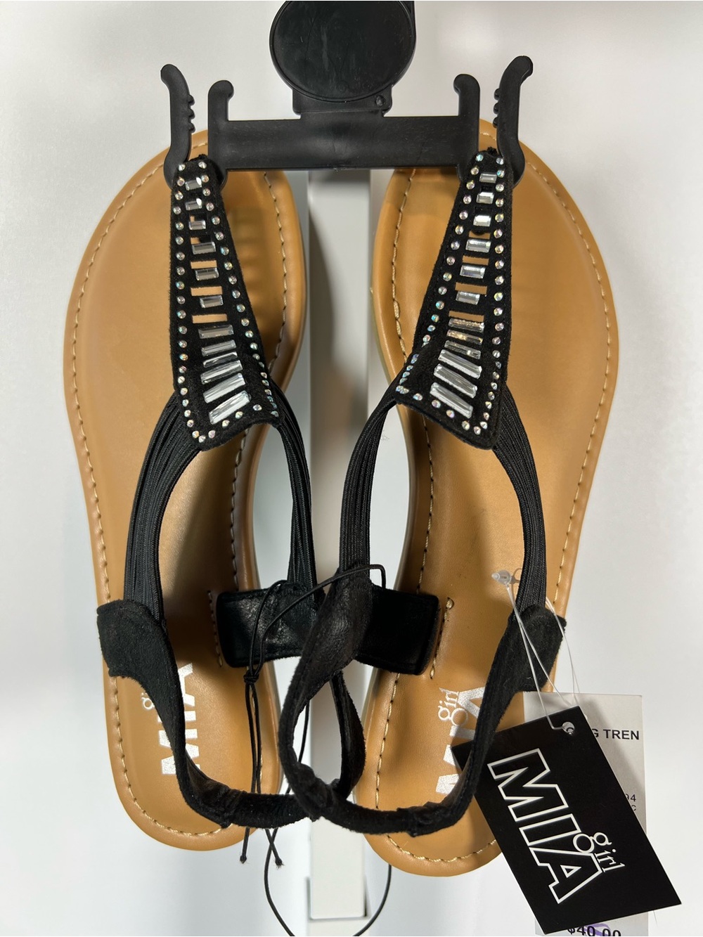 MIA Girl Black Rhinestone T-Strap Sandals NWT Size 8 Stretch Slingback Comfort